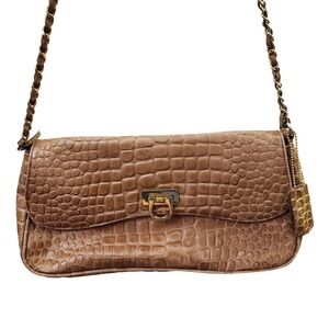 Lord & Taylor Croc Embossed leather Shoulder Bag Chain Strap Tan Purse 12"×8"‎